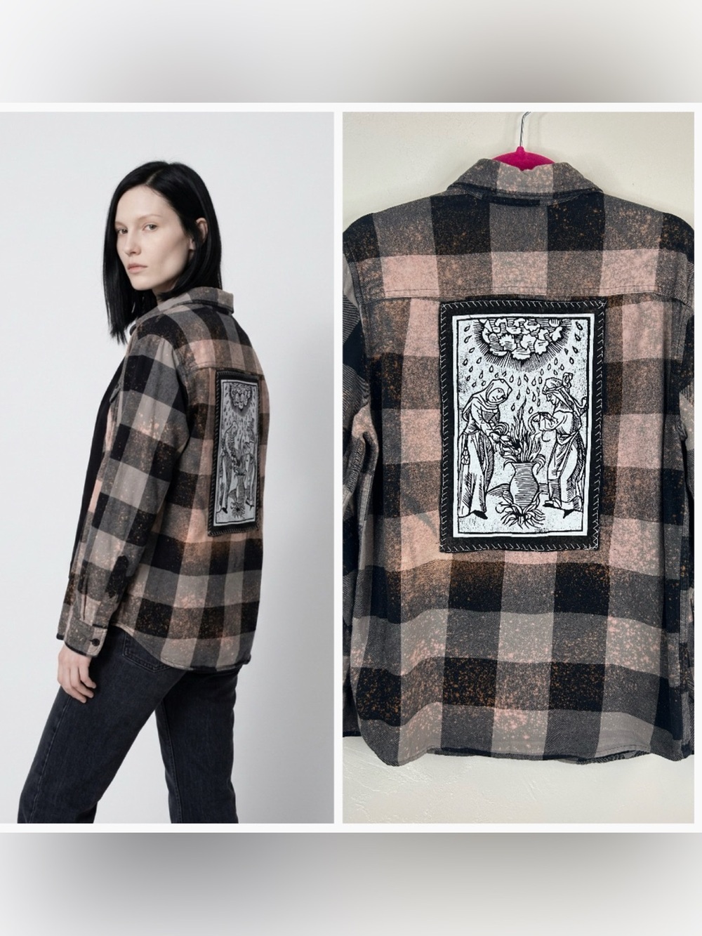 Witchy Halloween Goth Unisex Size S Flannel Shirt Black Gray Grunge Dark Spells